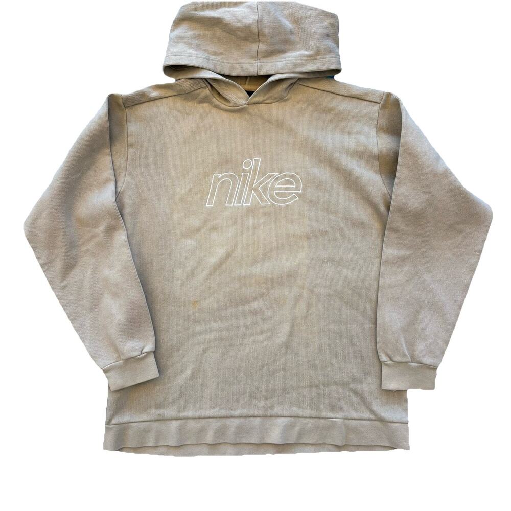 Vintage Nike Embroidered Center Spellout Hoodie Size XLarge Tan/Brown STAIN